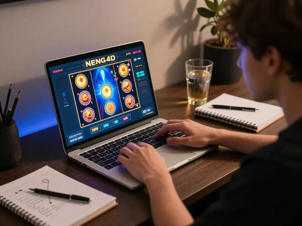 NENG4D online gaming with vibrant slot interface, player strategy notes in a cozy atmosphere