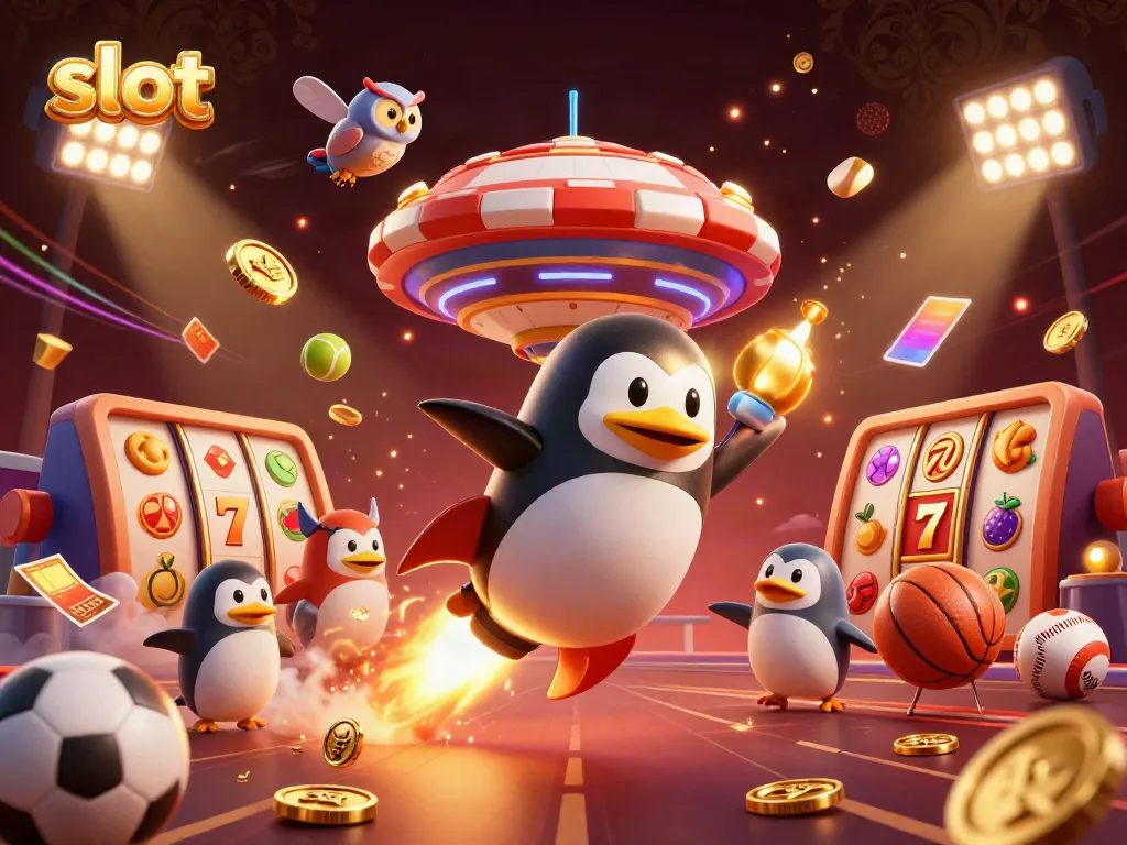 Slot mesin dengan penguin emas dan elemen kasino mengelilinginya, memancarkan energi kemenangan.