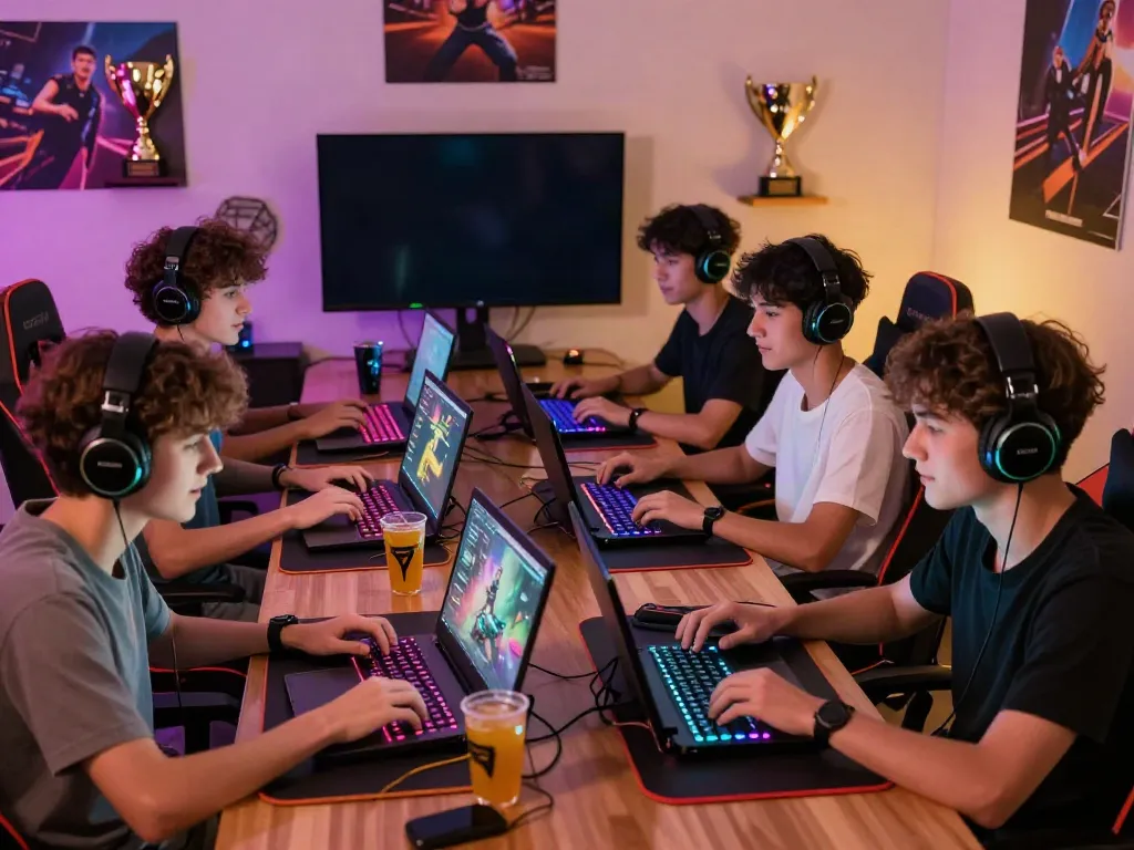 A group enjoying akunjp online gaming with colorful LEDs and trophies.