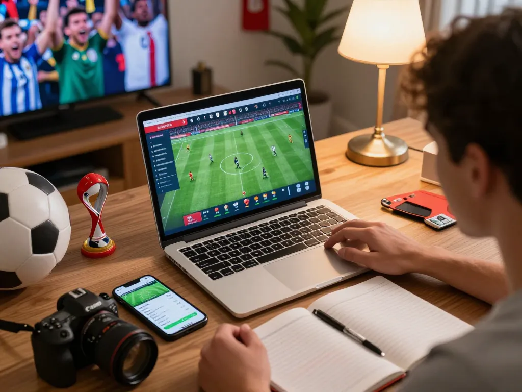 Excited player engaging with live betting at 78win, focused on laptop and smartphone, creating a dynamic sports atmosphere.