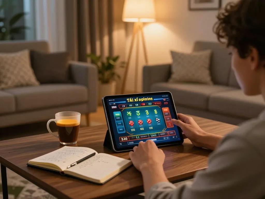 Tài xỉu online gaming session at home, showcasing a person engaged on a tablet with betting strategies.