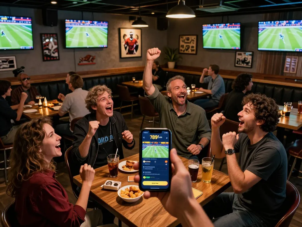 Excited patrons engaging with mobile sports betting app 789f.com during live game.