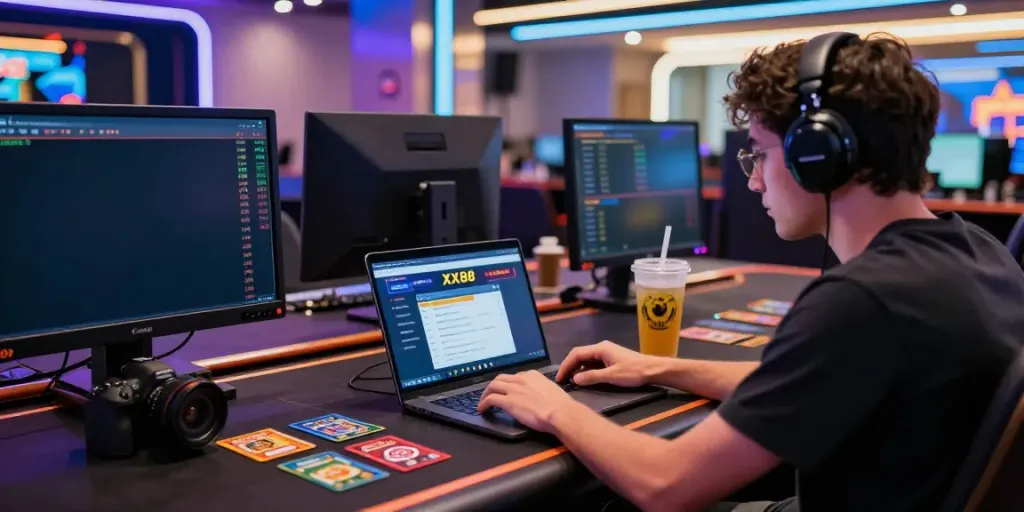 Engaged player enjoying online betting at XX88 platform with modern gaming setup