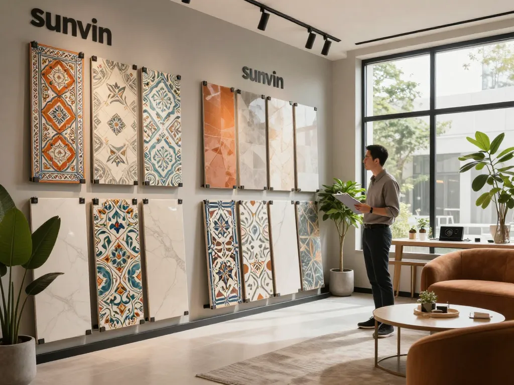 Sunvin premium ceramic tiles displayed in a luxurious showroom environment, depicting variety and elegance for discerning customers.