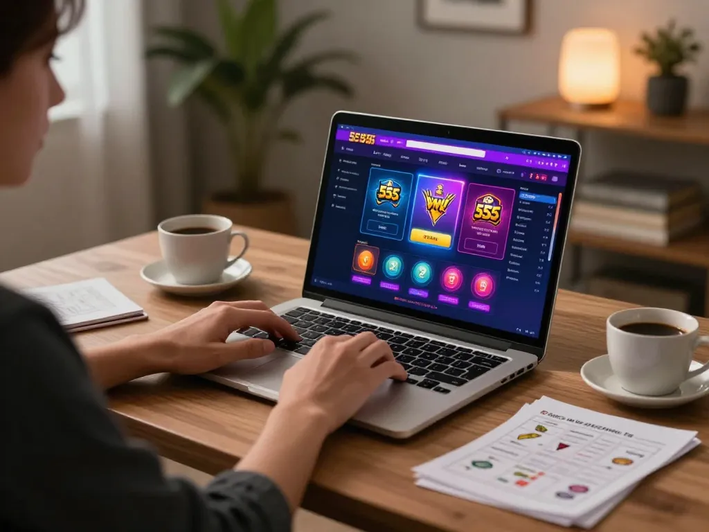 Engaged player exploring 555win online casino on a laptop, showcasing strategic gameplay.
