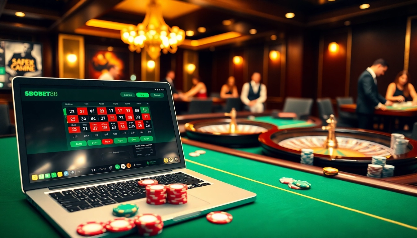 Engaging SBOBET88 online gambling action with vibrant casino elements and excited players.