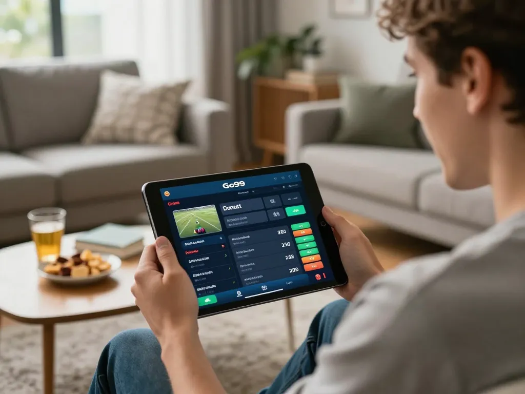 Engaging user betting on Go99 app in a cozy home setting, showcasing excitement and convenience