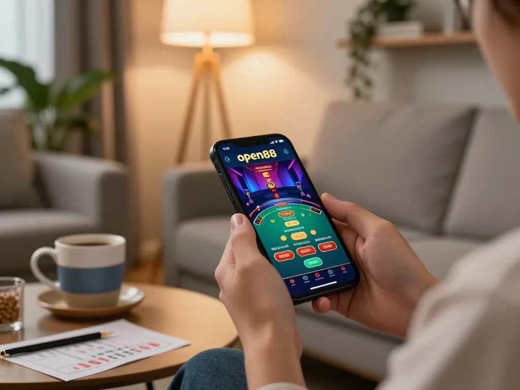Engaging mobile gaming on open88 app, showcasing dynamic live dealer interaction in a cozy living room.