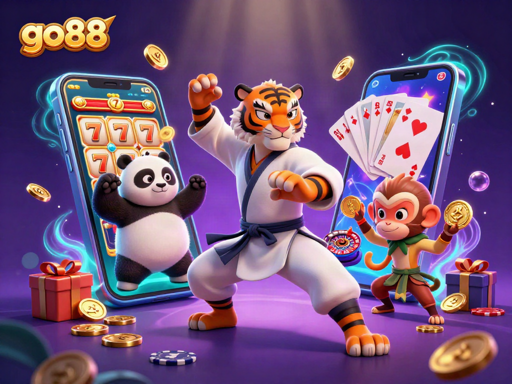 Spin the reels at go88 with the kung fu master and his students in a vibrant casino illustration.