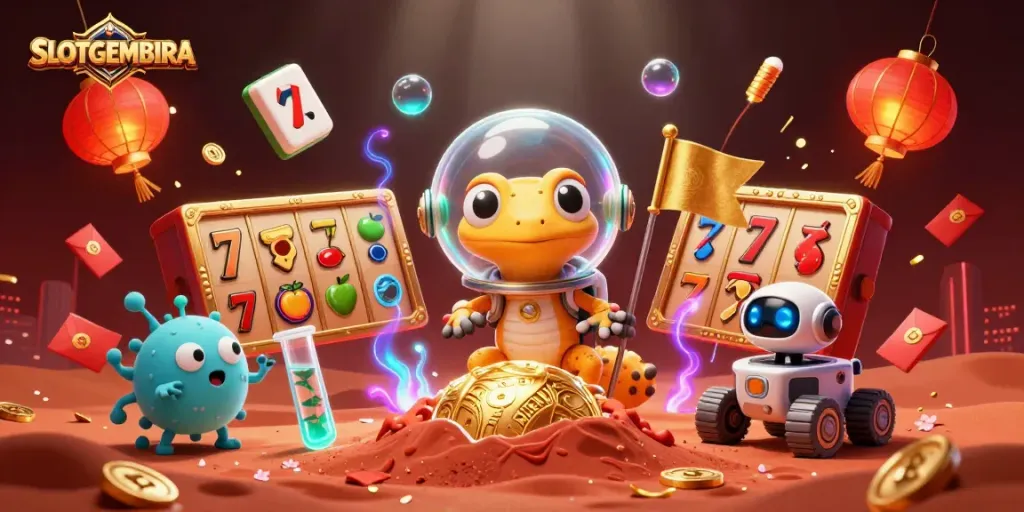 SLOTGEMBIRA showcases a Martian gecko and robot exploring a golden casino amid vibrant gambling symbols.