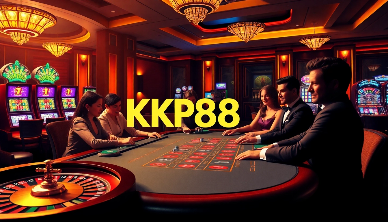 KP88 players engaging at a high-stakes poker table in a luxurious casino setting.
