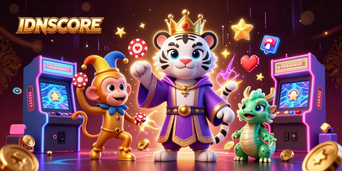 Engage with IDNSCORE's thrilling casino atmosphere featuring a majestic tiger in robes, playful monkey, and dynamic gaming elements.