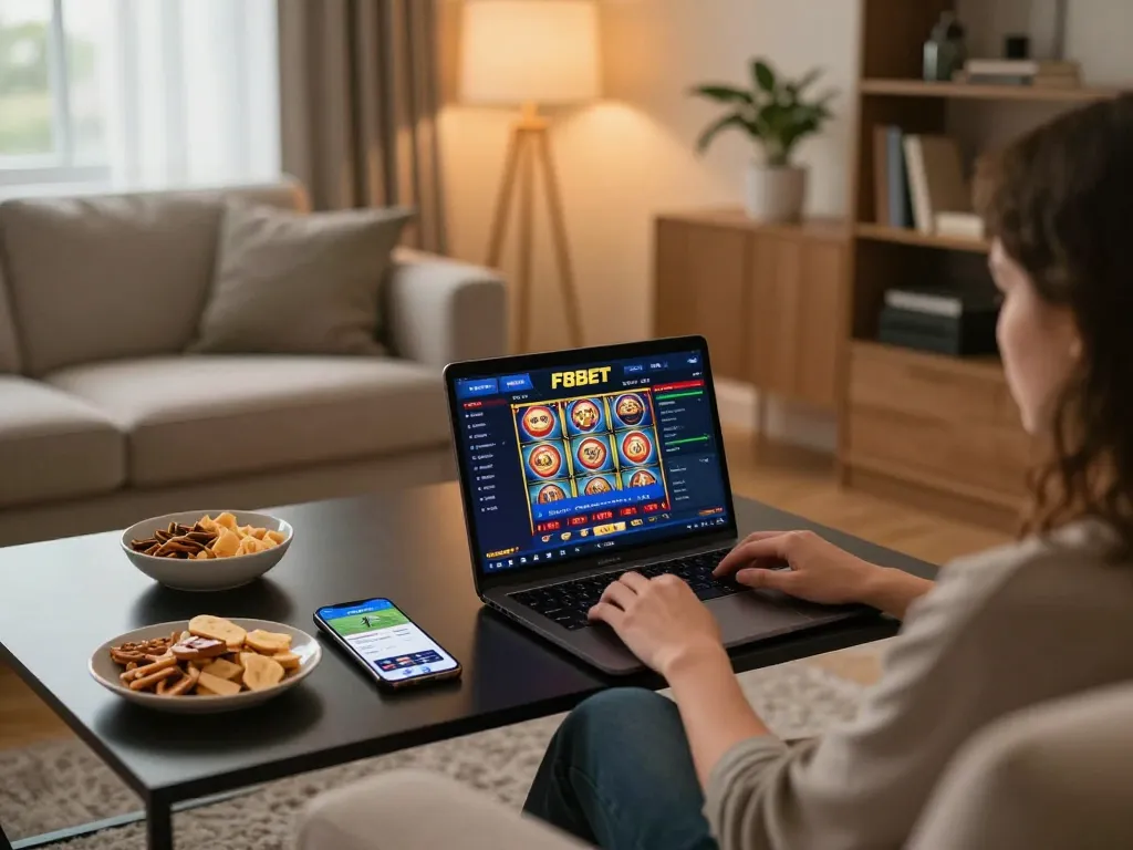 Engaging in online gaming with F8BET on a laptop in a welcoming living room.