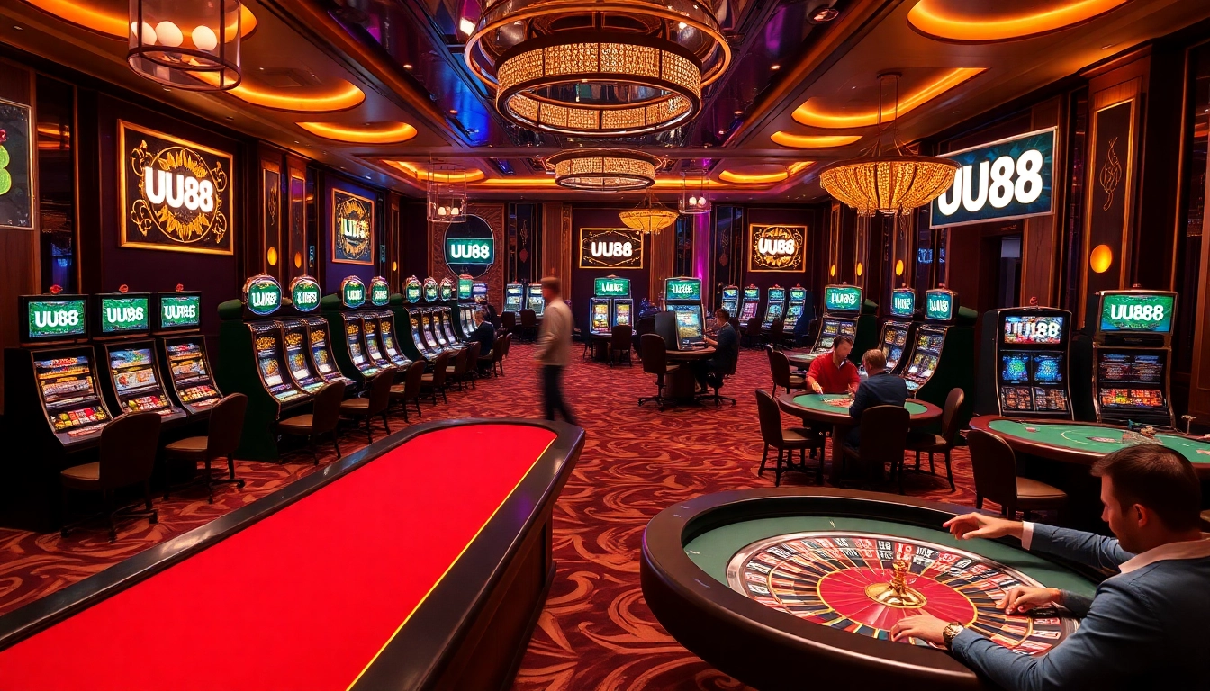 UU88 players enjoying a vibrant casino environment with poker tables and bright slot machines.