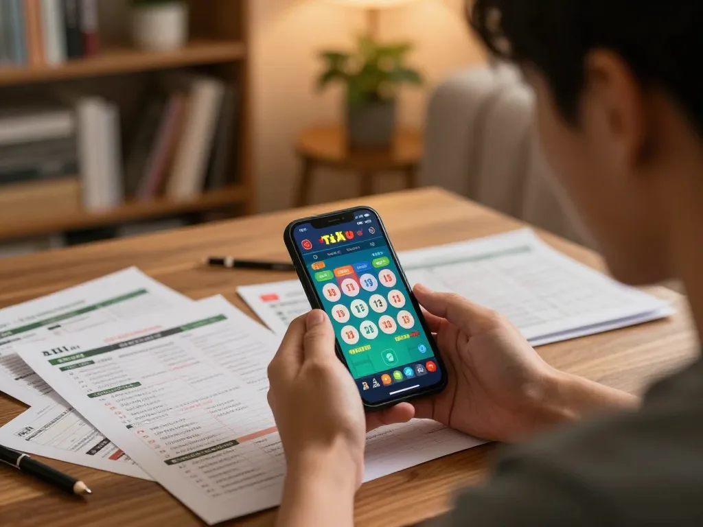 Player engaging in tai xiu mobile app gameplay, surrounded by strategy notes and warm atmosphere