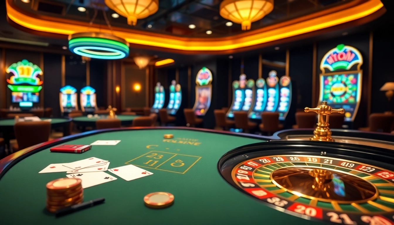 Experience excitement at https://gk88.bond/ with a luxurious casino table, vibrant slots, and roulette wheel.