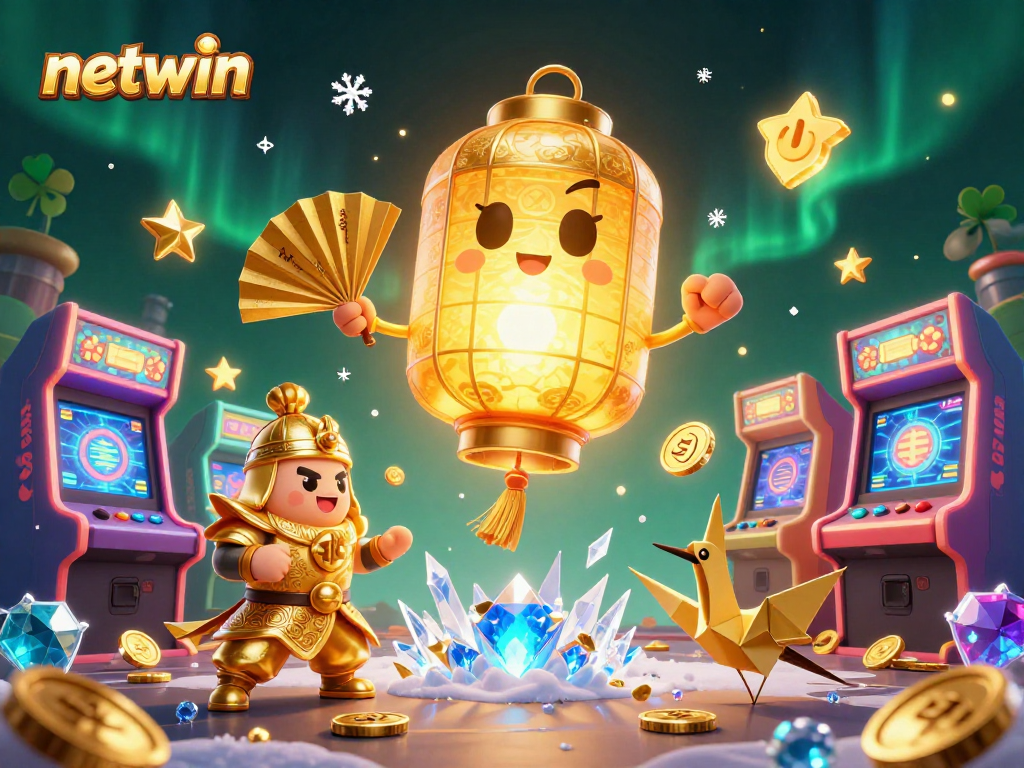 Players enjoy the vibrant Netwin environment with golden lantern spirits amid arcade gaming excitement.