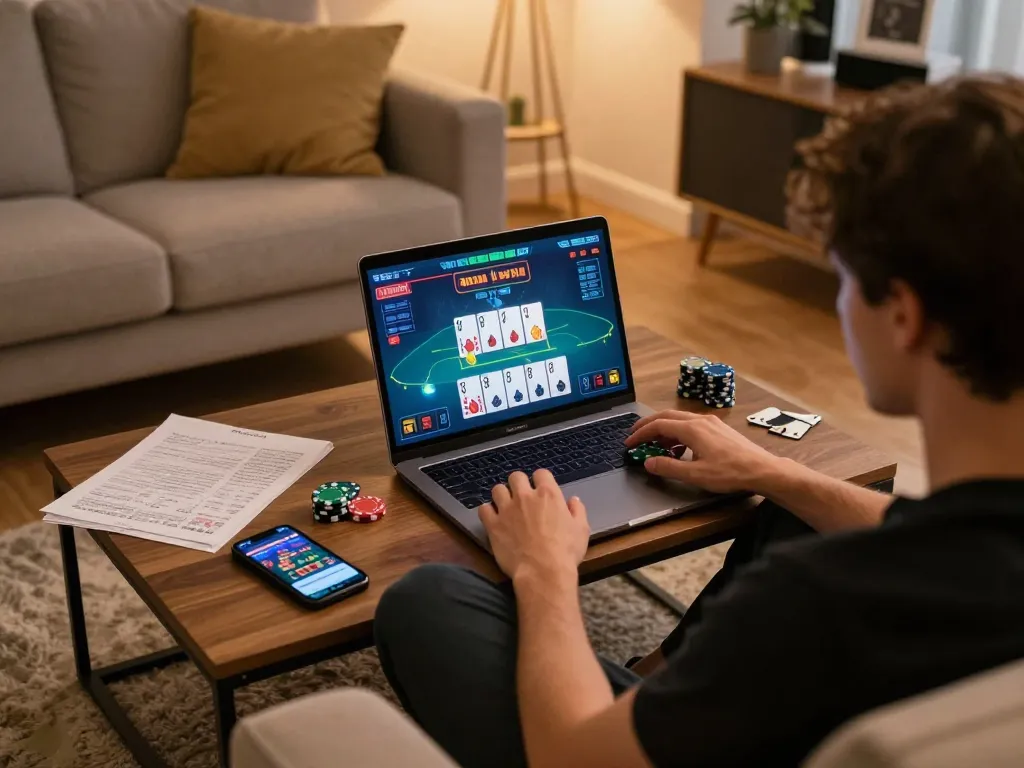 Engaged player enjoying online blackjack at home using FC88 gaming laptop and strategy notes