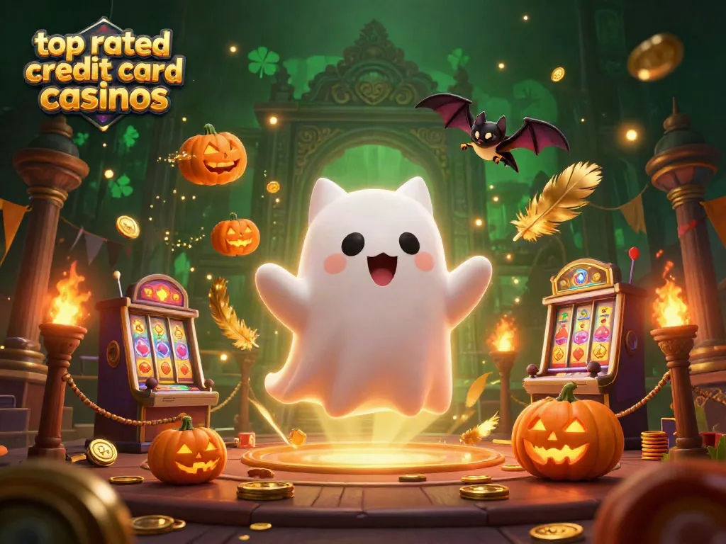 Engaging scene of top rated credit card casinos featuring a friendly ghost cat and bat in a haunted mansion setting.