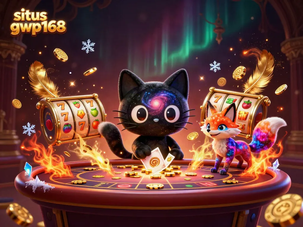 Mainkan situs gwp168 dengan menyaksikan kucing hitam lubang hitam menarik chip emas dan kartu di kasino kosmik.