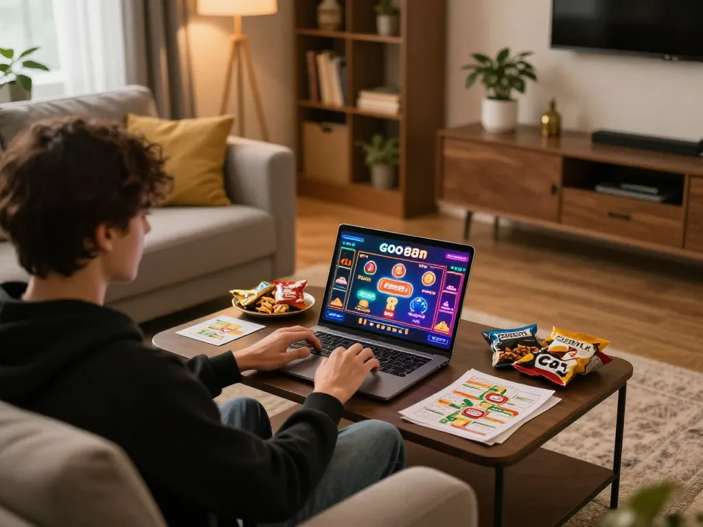 Engaging in go88 online gaming at home with a vibrant setup and strategic notes