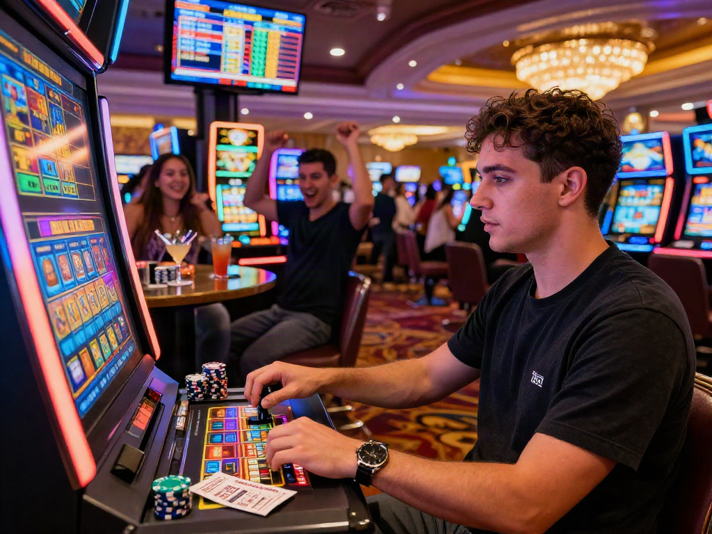 Slot gacor excitement with a player winning at a vibrant casino slot machine, colorful lights and energetic atmosphere.