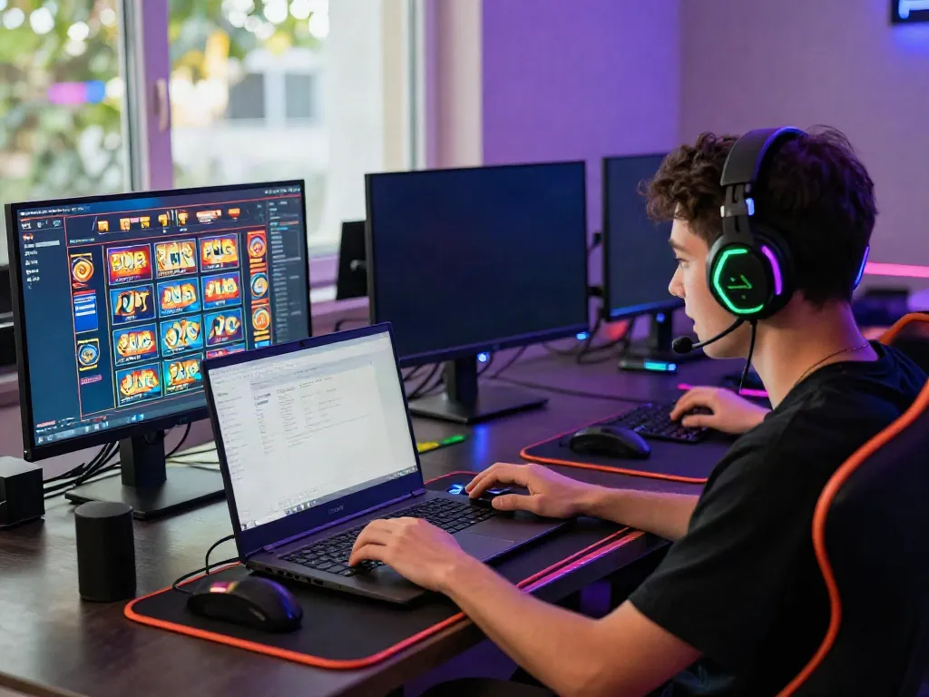 Pengguna bermain judi pragmatic online dengan laptop modern, headset, dan cahaya LED.