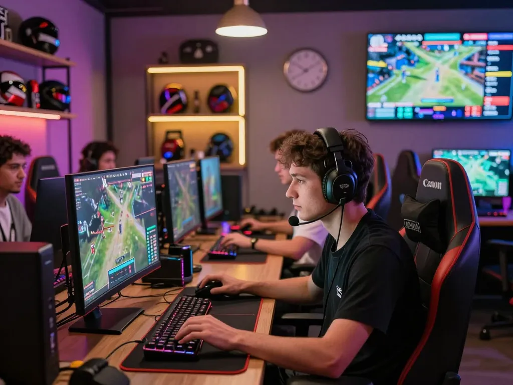 A vibrant gaming scene showcasing diverse individuals engaged in online entertainment and esports, highlighting kjc.onl's interactive gaming atmosphere.