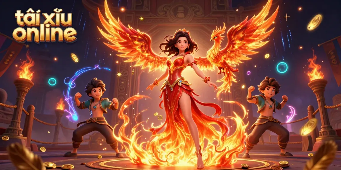 Engage in thrilling gameplay with tài xỉu online, featuring an Asian woman in a fiery gown with a phoenix, surrounded by dynamic casino elements.