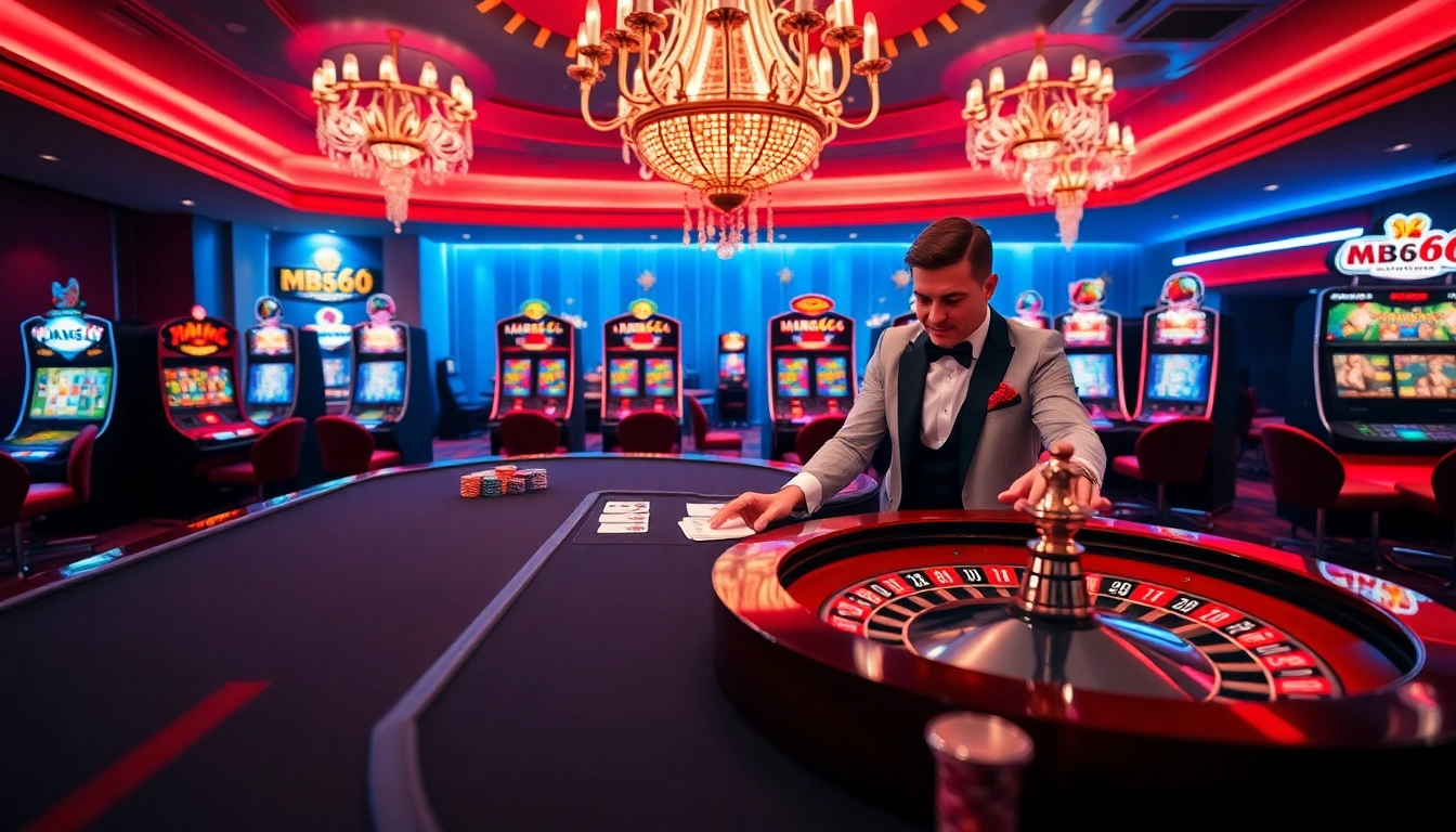 Exciting gaming scene at https://mb66-t.com/ with roulette wheels and poker chips.