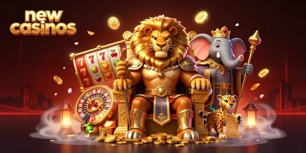 Exciting scene of new casinos featuring a lion king, elephant advisor, and cheetah messenger amid dynamic casino elements.