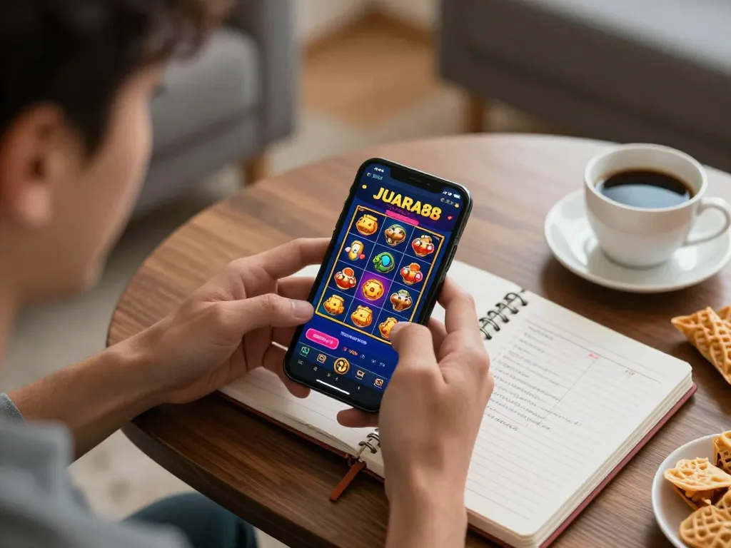 JUARA88 player immerses in online gaming strategies with vibrant slots displayed on smartphone.