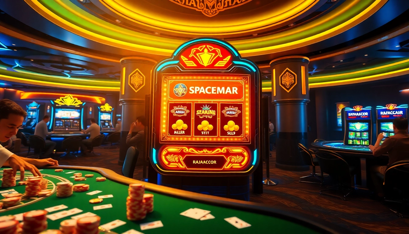 RAJAGACOR gaming excitement captured in a luxurious casino scene with Spaceman slot machine.