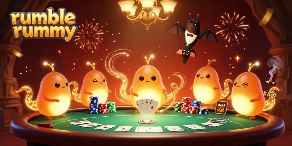 Engage in thrilling Rumble Rummy under glowing glowworms illuminating a vibrant casino