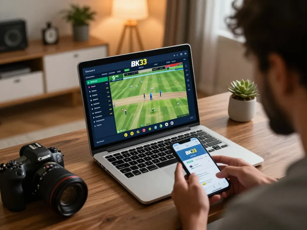 Engaging user placing bets on BK33 during a live cricket match for an exciting online betting experience.
