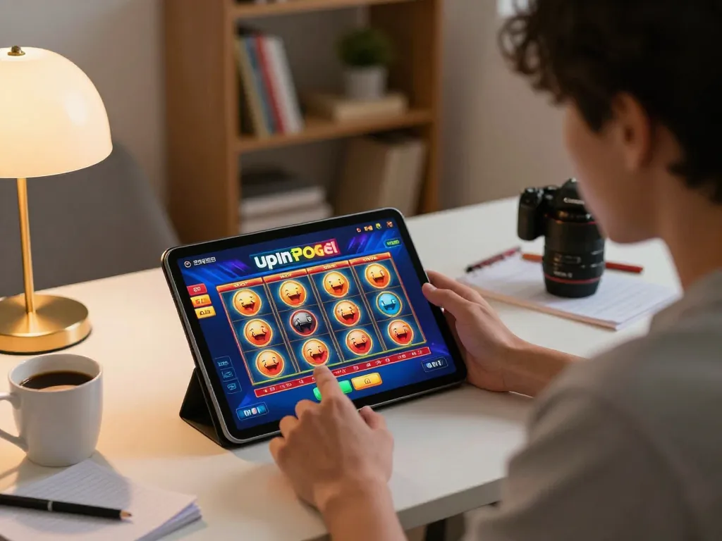 Engaging in upintogel online slots game on a tablet at a cozy home desk