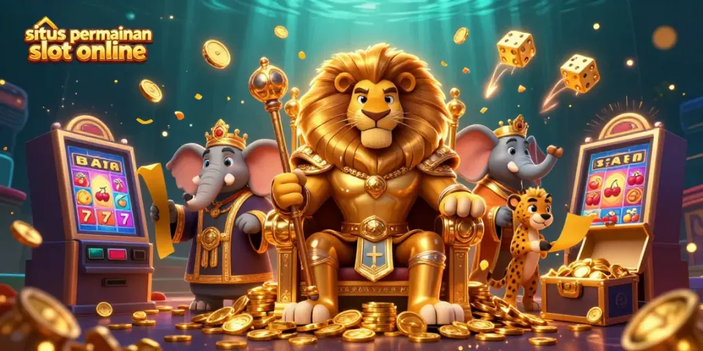 Temukan situs permainan slot online dengan simbol slot, dadu emas, dan raja singa yang bersemayam di tahta emas.