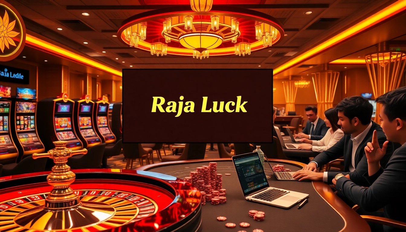 Exciting gaming at Raja Luck online casino with luxurious slot machines and poker tables.