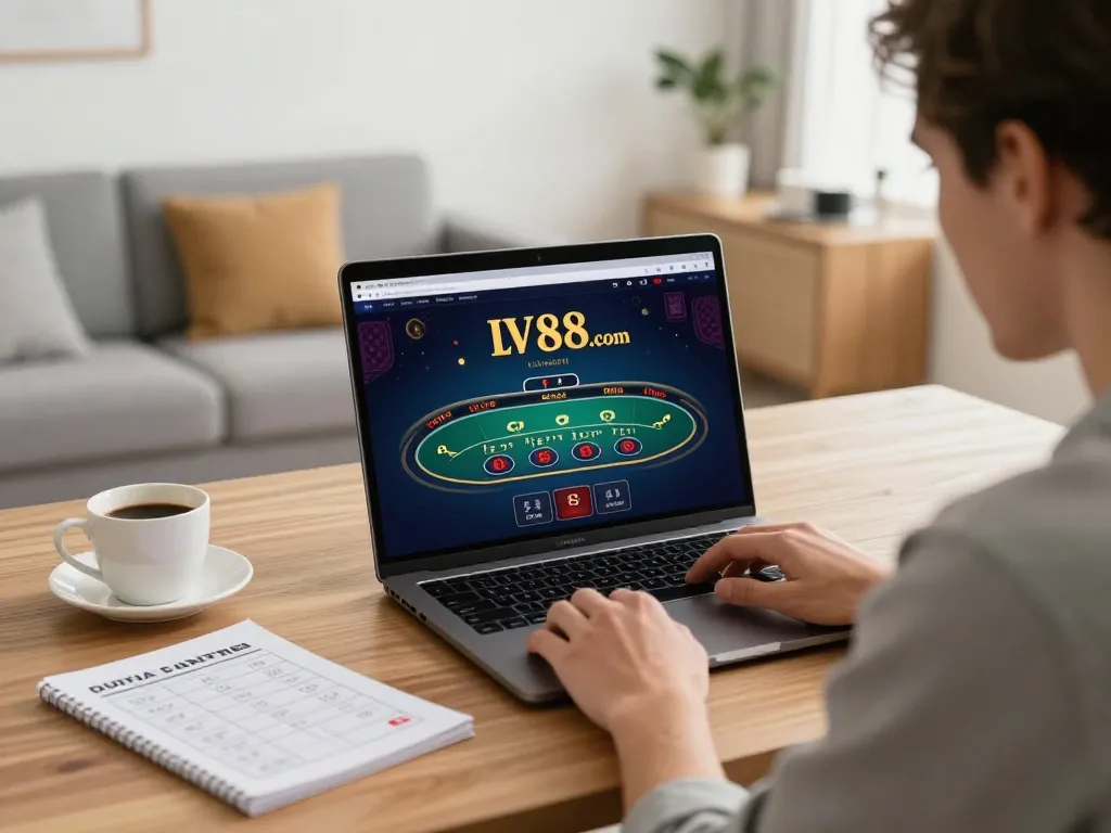 Engaged player at LV88.com enjoying live dealer blackjack in a stylish home office.