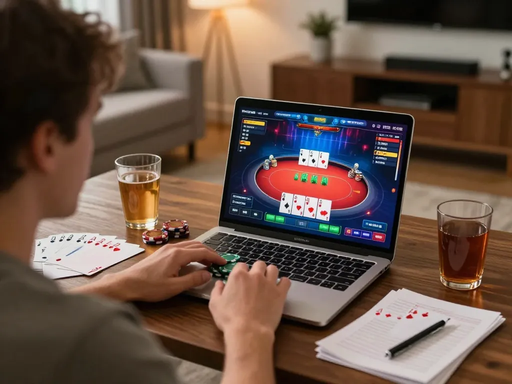 Pemain menikmati permainan poker BIOSKOP69 secara online dengan catatan strategis di rumah