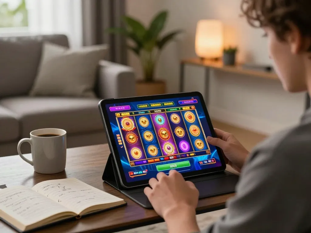 Player engages with paris888 slot game on a tablet in a cozy living room, showcasing vibrant gaming atmosphere.