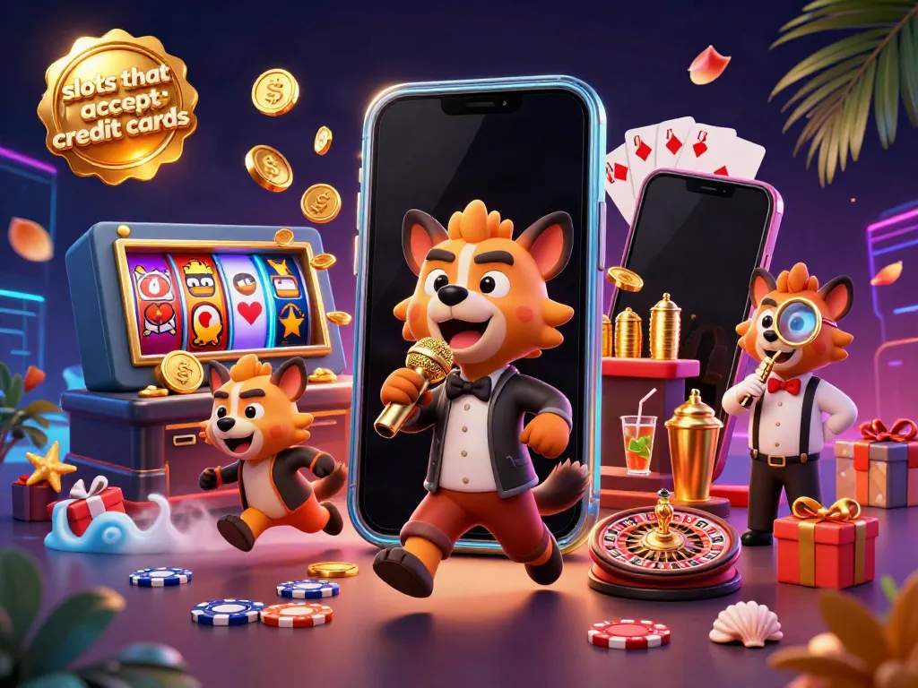 Experience vibrant slots that accept credit cards with lively characters in a casino setting.