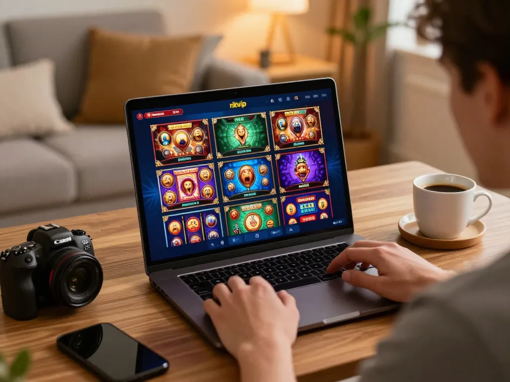 Player engaging with the rikvip app on a laptop while enjoying a cozy home gaming environment.