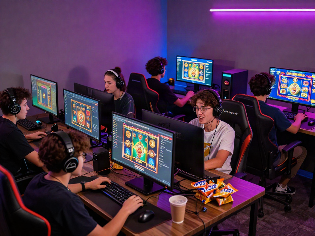 Players enjoying a lively virtual slot gacor gaming experience in a colorful gaming lounge.