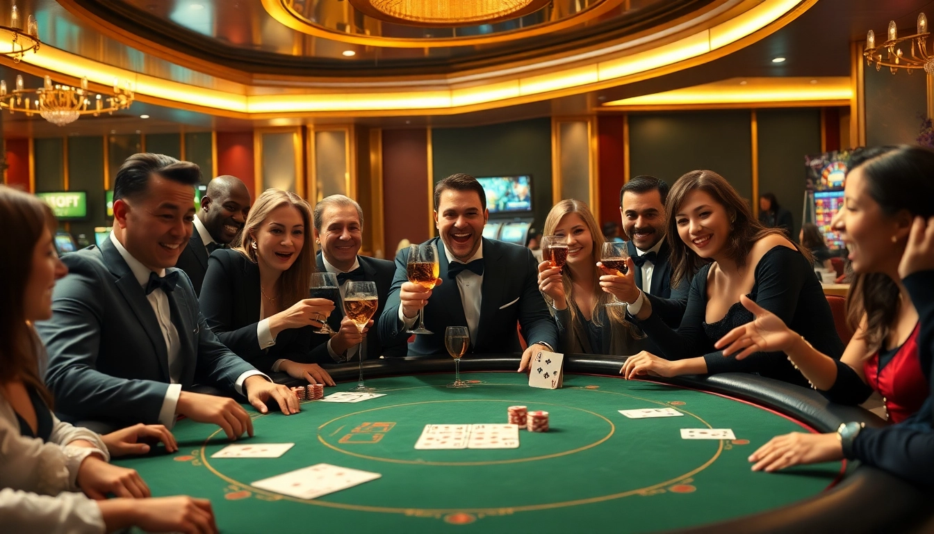 Players enjoy a high-stakes game at uu88's luxurious poker table, surrounded by stunning casino decor.