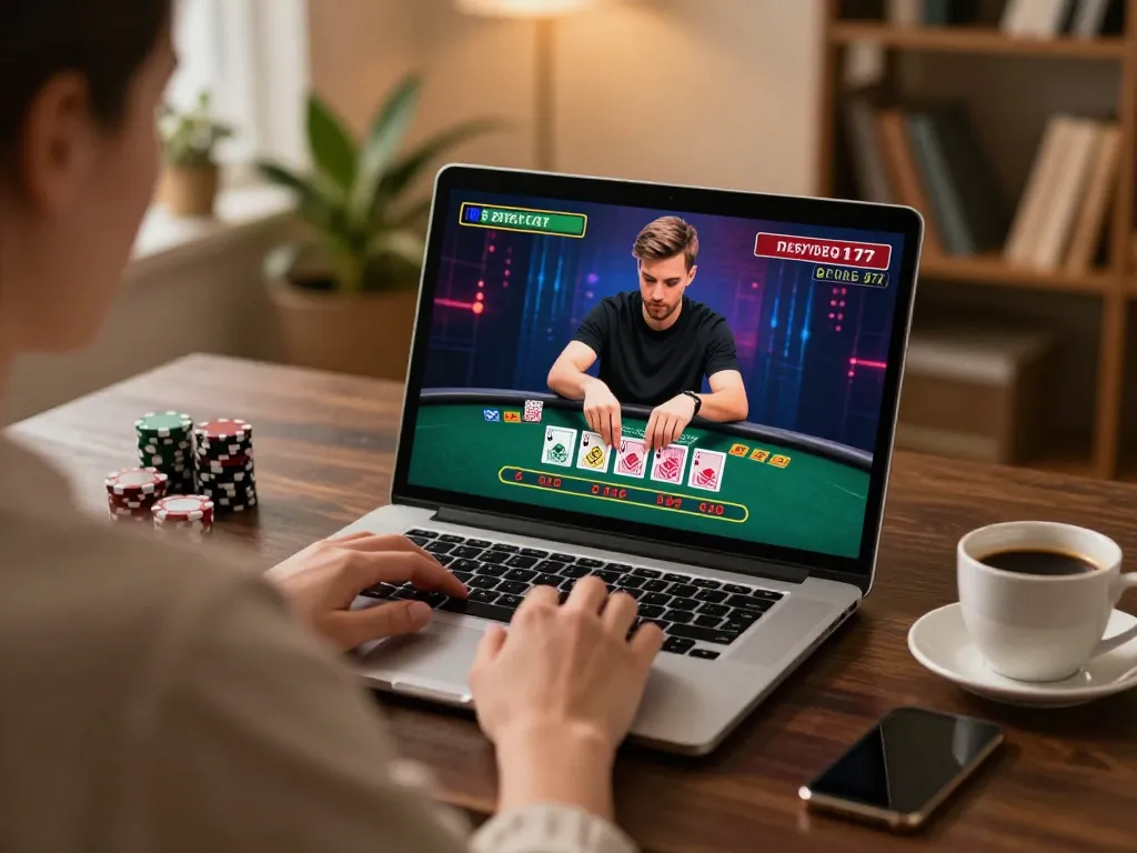 Engaging online session at sky88 casino with live dealer blackjack action on laptop.
