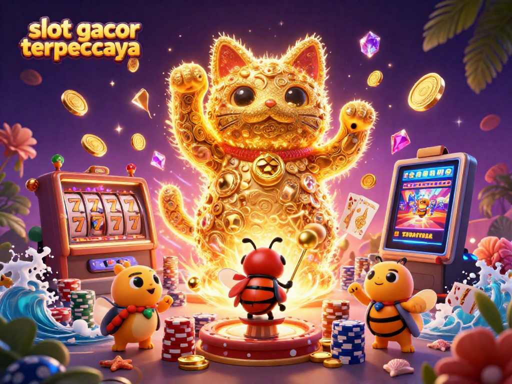 Experience the excitement of slot gacor terpercaya with a vibrant 3D illustration of casino elements and lucky symbols.