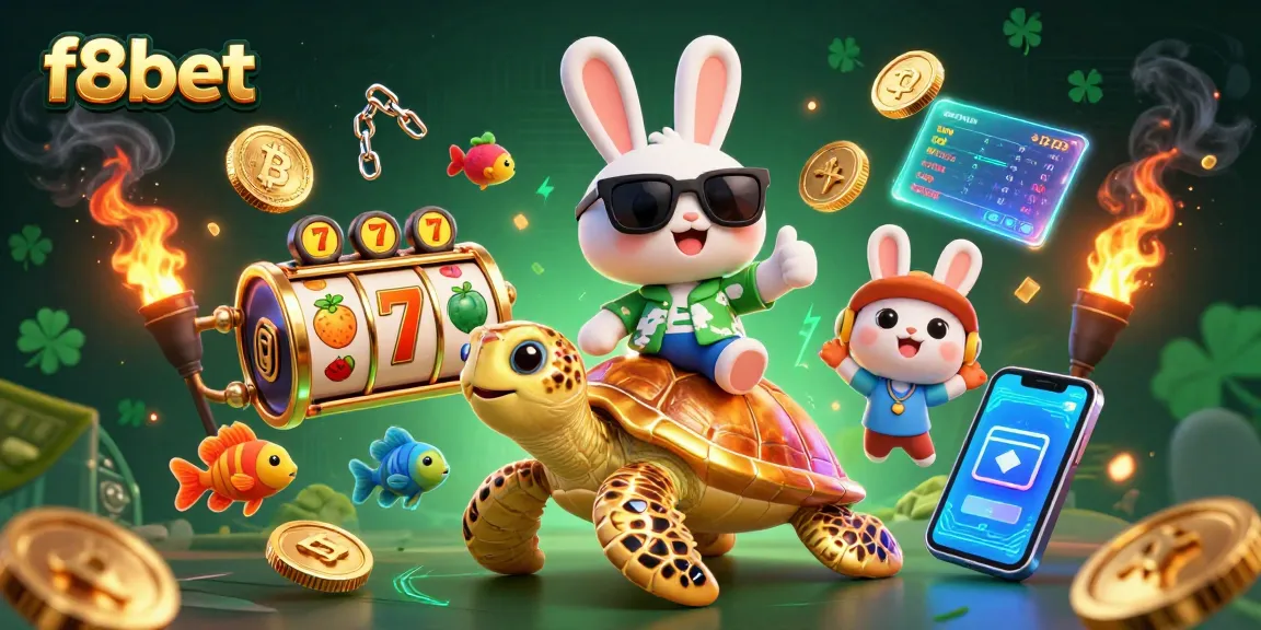 Experience the vibrant action of f8bet with a playful rabbit and turtle amidst colorful slot elements.