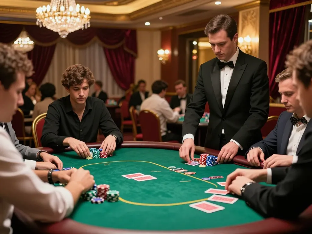Players enjoying a strategic poker game at Luck88 casino, with colorful chips on the table under vibrant lighting.