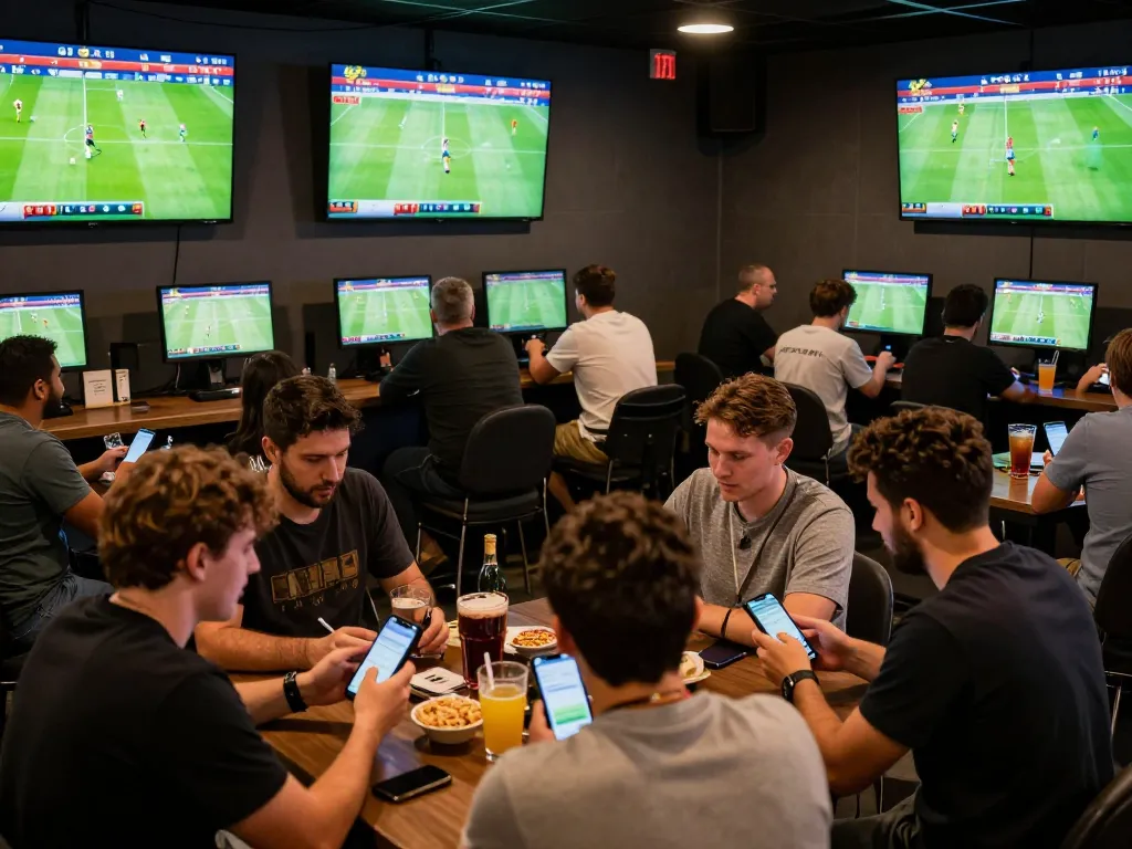 Crowd engaging in ca khia sports betting excitement with live match displays and mobile devices.